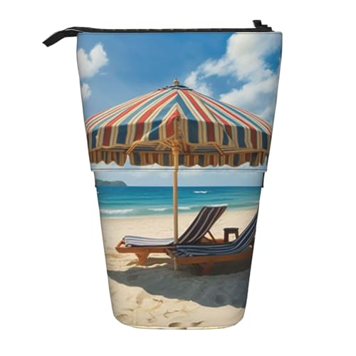 DJUETRUI Beach and Awning Print Telescopic Pencil Bag Portable Pen Holder Stationery Standing Pencil Case Organizer Zip-Up Large Pencil Pouch, Black, One Size