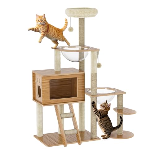 Modern Wooden Cat Tree with Scratching Posts Condos Perching Platform Furballs Staircase Sturdy Easy-to-Clean Multi-Level Pussy Tower for Multiple Kitty to Climb Scratch Sleep Play