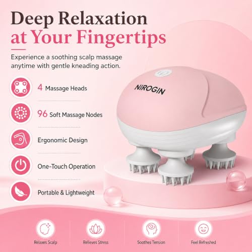 Image of Electric Scalp Massager - Handheld Head Massager with 4 Rotating Massage Nodes, Waterproof Relaxation Device for Hair Growth, Stress Relief & Deep Scalp Massage - Rechargeable, Portable (Pink)