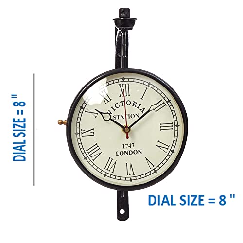 Image of YMRR Double-Sided Vintage Station Wall Clock | Victoria Style Antique Metal Hanging Clock for Home Decor | Railway Platform Design | Decorative Analog Clock for Living Room & Office, (8 inch)