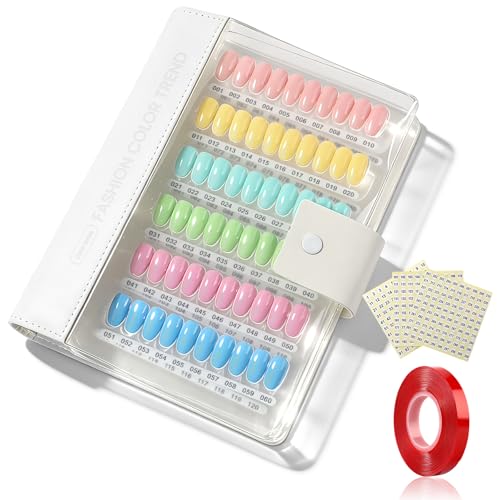 ANGNYA 240 Color Nail Swatch Book PU Leather Loose Leaf Nail Color Chart Display Book with 250 Nail Tips 3M Clear Tape Mini Nail File & Number Stickers for Gel Polish Nails Salon