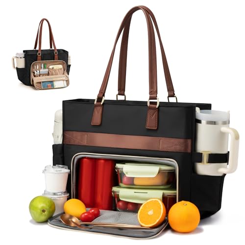 LOVEVOOK Lunch Tote Bag for Women Work bag with Insulated Lunch Compartment 15.6 Inch Laptop bag with Cup Holder Large Lunch Bag Purse for Teacher Nurse Office Travel College Daily