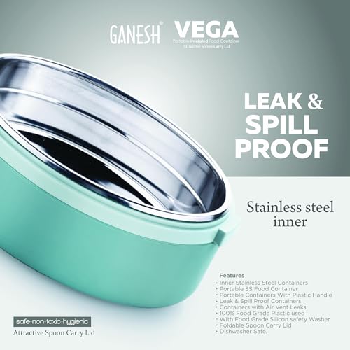 Image of Ganesh 1 Compartment Vega Portable Insulated Food Container with Attractive Spoon - Airtight Leak-Proof Lunch Box for Office, School, Picnic - 400ml Peach