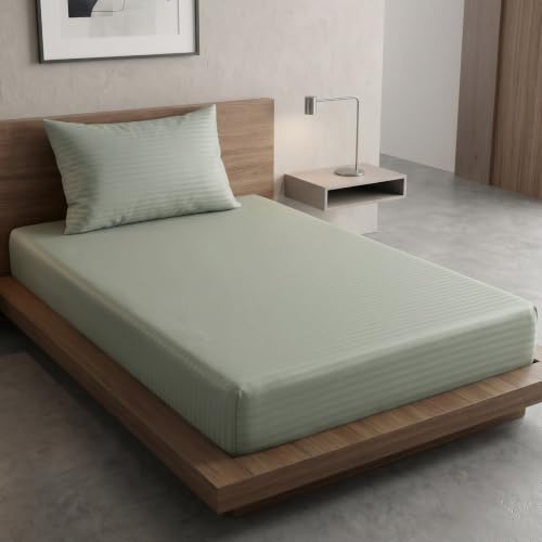Image of Home Sizzler Microfibre Light Green Satin Stripe Elasticated Fitted Single Bedsheet (36x72 Inches) with 1 Pillow Cover