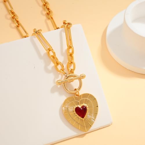 Gold Heart Necklace with Stone Sunburst Heart Pendant Vintage Gold Statement Necklace Chunky Necklace for Women Trendy3