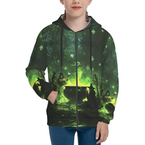 Hoodies for Teen - Zip Up Hoodies & Sweatshirts, Halloween Green Forest Witch Youth Pullover Clothes Size
