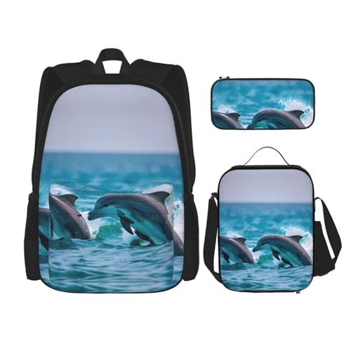Dolphins In The Sea 3-Piece Set Backpack, Lunch Bag, And Pencil Case, Casual Cute Sets For Travel And College