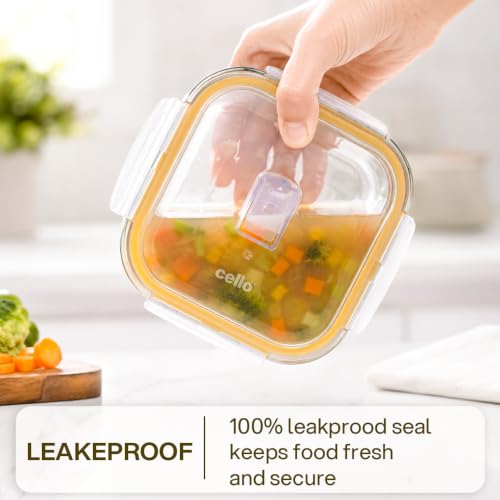 Image of CELLO Fit & Fresh Square Lunch Box Container For Daily Use 320 ml, Clear | Microwave & Fridge Safe Toughened Glass Airtight Leakproof Food Storage Tiffin Box Container For Kitchen, Travel & Office Use