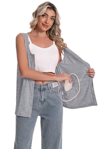 Mastectomy Shirts with Drain Pockets Recovery Supplies Post Surgery Breast Tummy Tuck Top Tank Nephrostomy Must Haves Adaptive Clothing Double Holder Bag Gift Light Grey