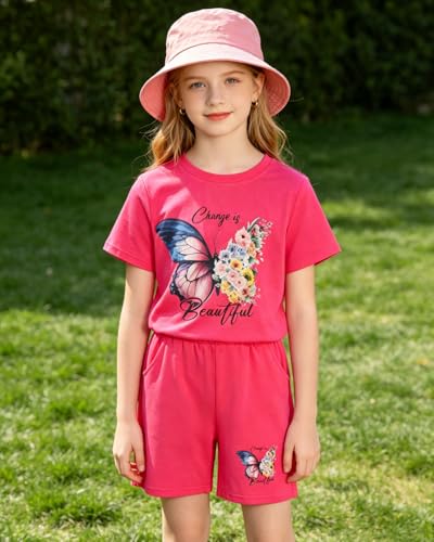 Image of 7-14Y Tween Girl Clothes 2 Piece Short Sleeve Tie Dye Heart Print Top and Shorts Teen Girl Summer Outfits Short Set