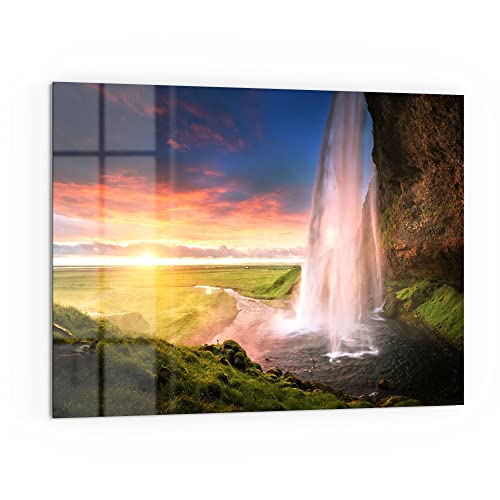DEQORI Panel posterior de cocina de cristal, diseño 'Seljalandsfoss cascada', 80 x 60 cm, pared trasera para baño o cocina, protección contra salpicaduras para cocina y baño, decoración moderna para