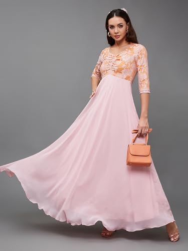 Image of Miss Chase Women's V-Neck Full Sleeve Self Design Lace-Overlaid Georgette Maxi Dress