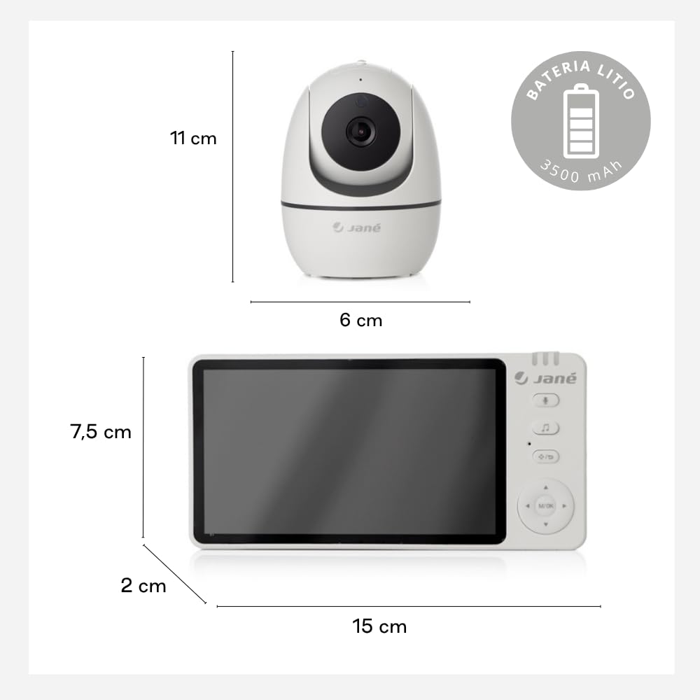 Jané Eye Pro Baby Monitor, Baby Monitor avec Caméra Rotative, Inclinaison Motorisée, Écran 5", Audio Bidirectionnel, Vision Nocturne, Longue Portée, avec Musique