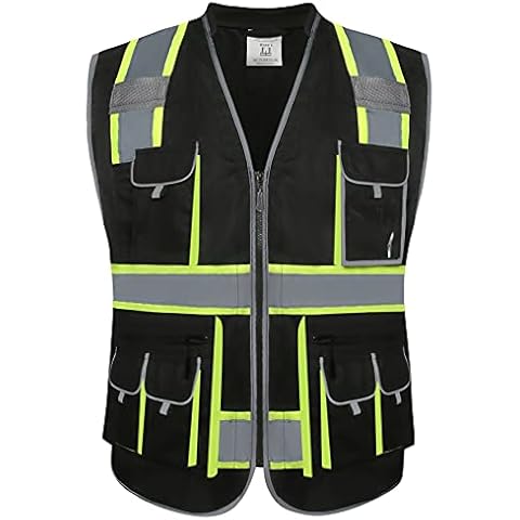 JKSafety 10 Pockets Hi-Vis Zipper Front Black Safety Vest Cover