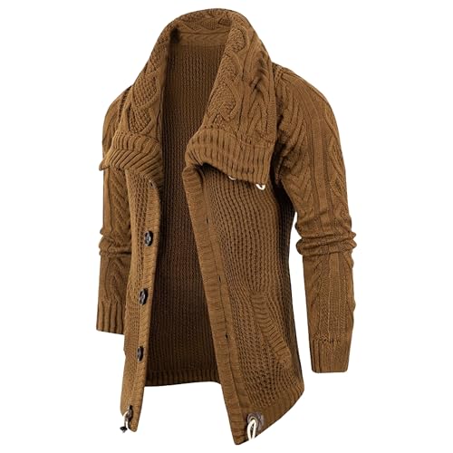 Men's Knit Lapel Solid Loose Fit Sweater Button Down Casual Warm Sweater Comfort Cardigan Stylish Outdoor Sweaters (Brown,Large)