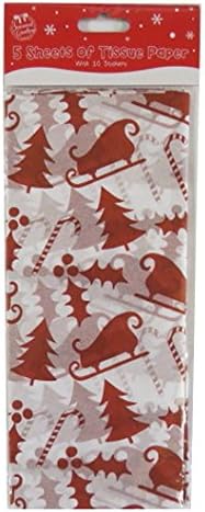 Christmas Printed Tissue Paper - White, Sleigh and Tree - 5 Sheets, 26.7' x 19.7' and 10 Circle Stickers