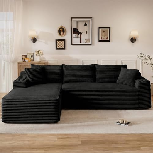Image of 95 inch L Shaped Cloud Boneless Sectional Couches for Living Room, Modern Comfy Modular Deep Seat Memory Foam Compressed Corduroy Sofa Oversized Left Facing Chaise, No Assembly Required, Balck