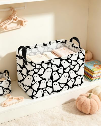 Image of Essme Rectangular Halloween Basket,Ghost Storage Bins Organizer with Handles for Room Decor, Gift Basket.(Black Cute Ghost)