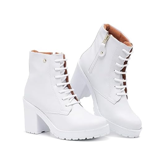 Bota Feminina Cano Curto Fashion Salto Alto Tratorado Confortável (40, Branco)