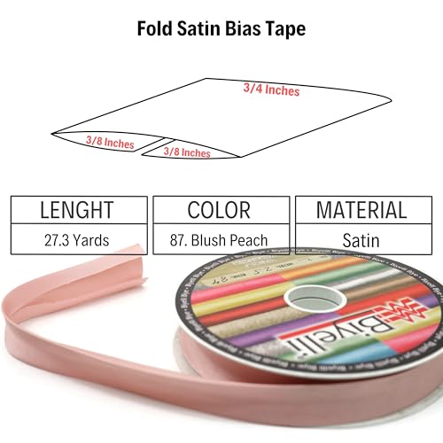 Image of Fold Satin Bias Tape - 99+ Colors - 3 /4 Inches Wide - 27 Yards - Fold Satin Binding Bias Ribbon Fabric Piping Bias Binding Tape for Sewing Clothing DIY (87. Blush Peach) BYS87