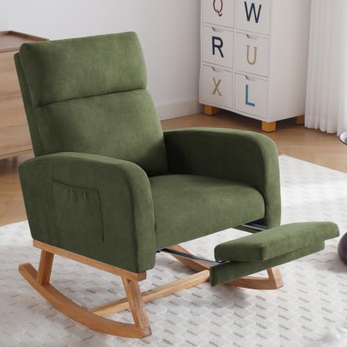 Image of HCHAIRH Rocking Chair Nursery, Nursing Rocking Chairs with Foot Rest for Mom Nursery, Glider Rocker Chair with Footrest and High Backrest for Living Room, Bedroom, Dark Green