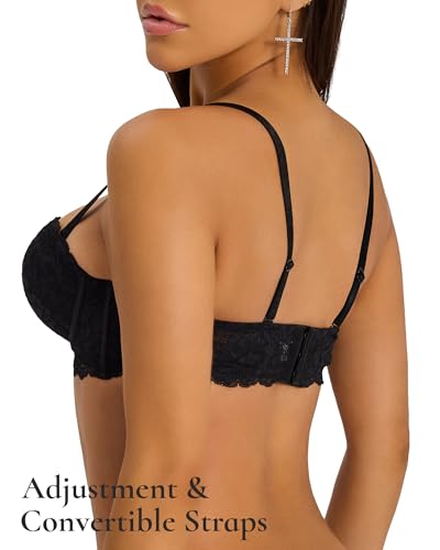 Image of Strapless Bra Push Up Lace Padded Convertible Multiway Underwire Bras Add 1 Cup