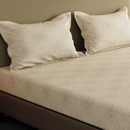 Image of Layers 100% Cotton Bedsheet for King Size Bed | Lumina Floret Collection | 144 TC Soft & Breathable | Printed with 2 Pillow Covers | Wrinkle Free & Colorfast | 3 Piece Bedding Set - Beige