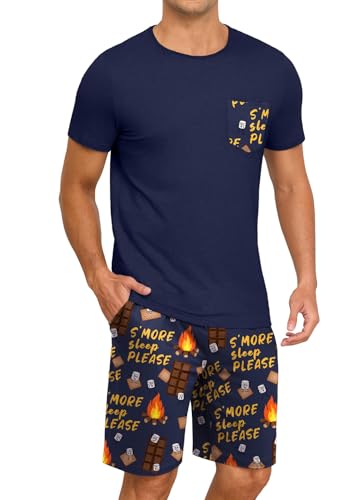 Image of PrinStory Mens Summer Pajamas Set Lightweight Pjs Sets Short Sleeve Pajama Shorts Set Soft Sleepwear Loungewear with Pockets
