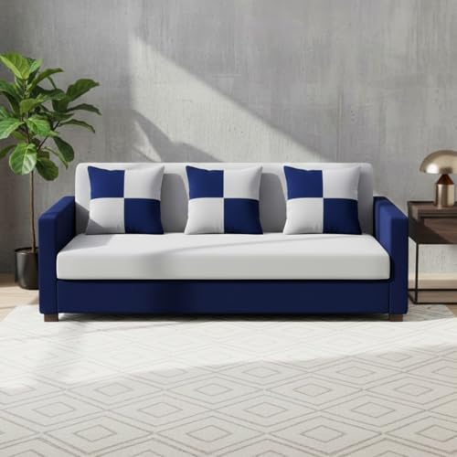 Image of FURNY Ameno 3 Seater Fabric Sofa Set (Light Grey-Dark Blue) Premium Velvet Finish | Durable Comfort | Ideal for Living Room