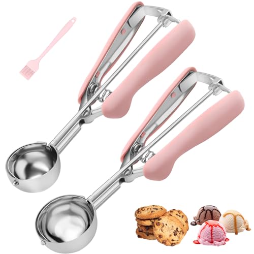 Lot de 2 cuillères à biscuits pour la cuisson avec poignée rose en acier inoxydable 18/8 avec poignée ergonomique douce, déclencheur à ressort pour...