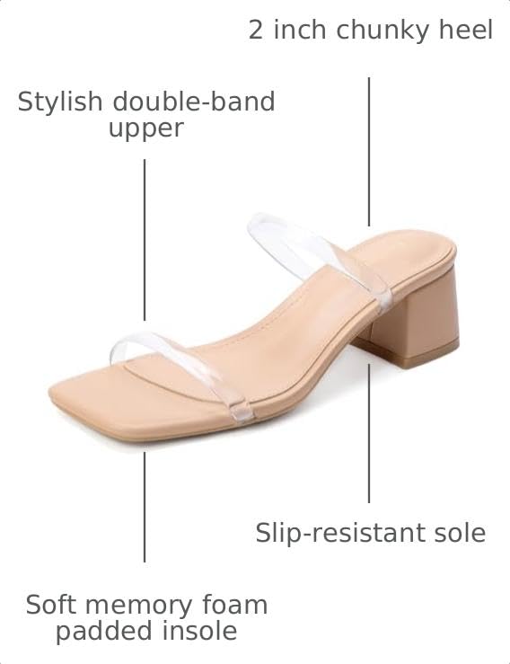 Image of Goderci Women's Chunky Block Low Heeled Sandals | 2 Strap, Square Open Toe, Slip On, Mule Heels
