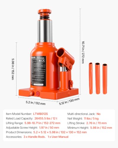 Image of VEVOR Hydraulic Bottle Jack 12 Ton (26455.5 lbs) 5.98 inch-10.71 inch Lifting Range