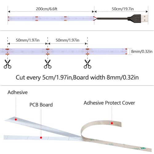 Image of DC 5V USB COB Blue LED Strip Light Dimmable IP65 Waterproof 6.6ft /2M | USB Powered 640LEDs with Dimmer High Brightness Flexible LED Tape Lights