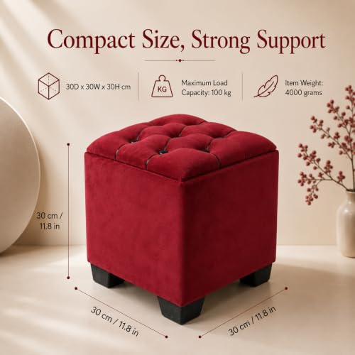 Image of Velvet Cube Ottoman | Seating Stool for Living Room | Soft Cushioned Footrest Stool with Durable Plastic Legs | Multipurpose Seating, Side Table & Pouffe Home Decor, 12x12x14 inch (Maroon)