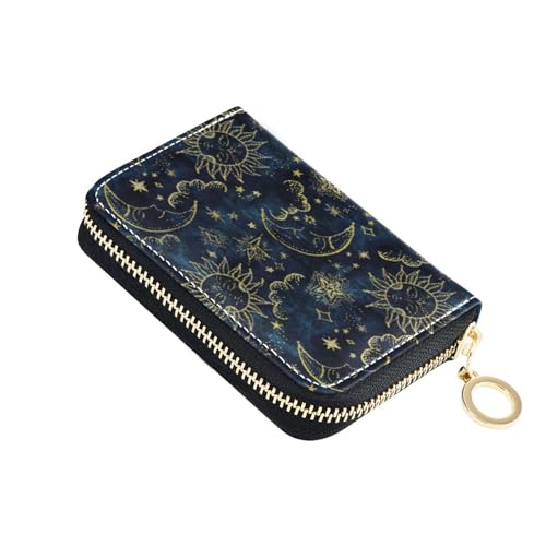 Vintage Moon Sun Star Sky RFID Credit Card Holder Leather With Zipper Card Case Wallet for Women Girls