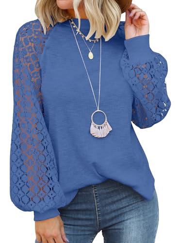 MIHOLL Business Casual Tops for Women Trendy Fall Long-Sleeve Lace Blouses Shirt 2026 (09 Blue, Small)