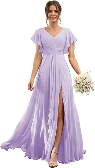 JIIL Kleid,Damen Brautjungfernkleider Lang V-Ausschnitt Kurzarm Chiffon Abendkleider Elegant Für Hochzeit A Linie Kleid Mit Schlitz Flieder 56