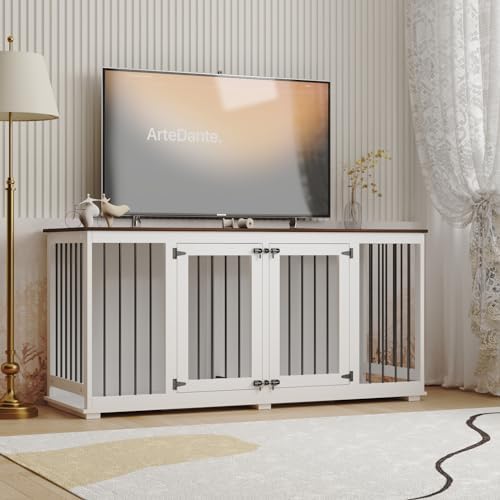 Large Double Dog Crate Furniture, 63" Wooden Dog Crate Kennel with Divider, XL Heavy
