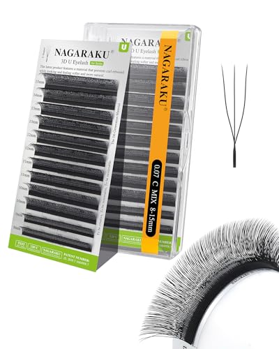 NAGARAKU 3D U Pestañas U Forma Naturales Esponjosas Flexibles Rizo Tejidas A Mano Suave Ligeras Finas Flor Compacta Cada Volumen Abanico Pestaña Luce Clara y Separada U Lash Negro Mate (0,07 C 8-15mm)