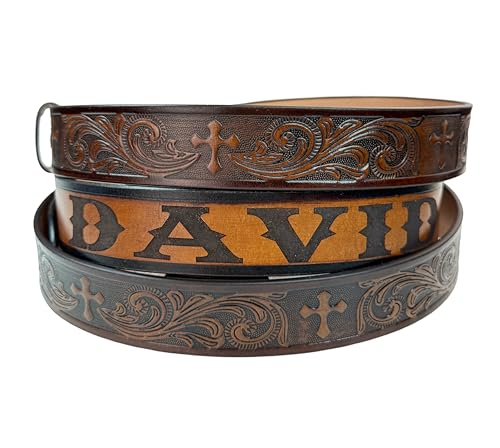 Personalized Name Western Cross Leather Belt for Men Handmade Religous Full Grain Cowboy Leather Belt 1.5” Wide