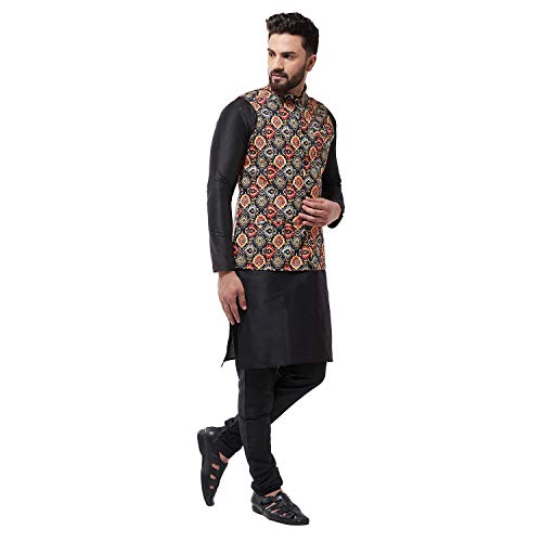Image of SOJANYA (Since 1958 Men's Silk Blend Black Kurta Pyjama & Printed Nehrujacket Combo