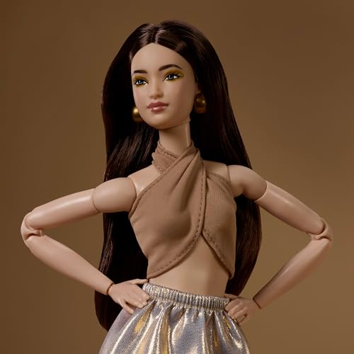 Image of Barbie Basics Model Collector Fashion Doll 06 with Brunette Hair, Shimmery Golden Skirt & Halter, Universal-fit Fashions, Posable Body | Shimmery Golden Skirt & Halter, Universal-fit Fashions, Posable Body