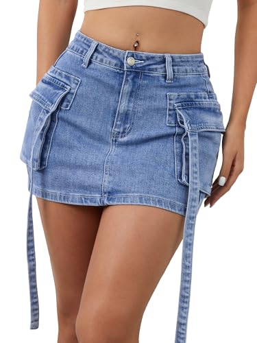 ELLEVEN Womens Mini Cargo Jean Skirt with Shorts 3D Flap Pocket Low Rise Button Bodycon Y2K Denim Skort Fashion Trendy High Cotton Content Micro Skirt Blue Large