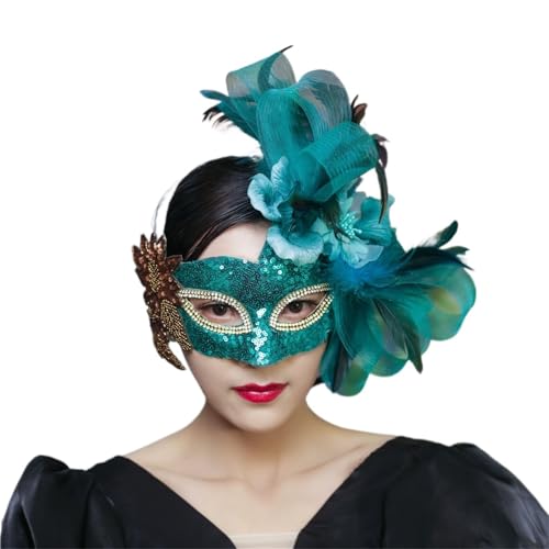 Masque en plumes et fleurs vertes au design demi-visage pour une élégance mystérieuse