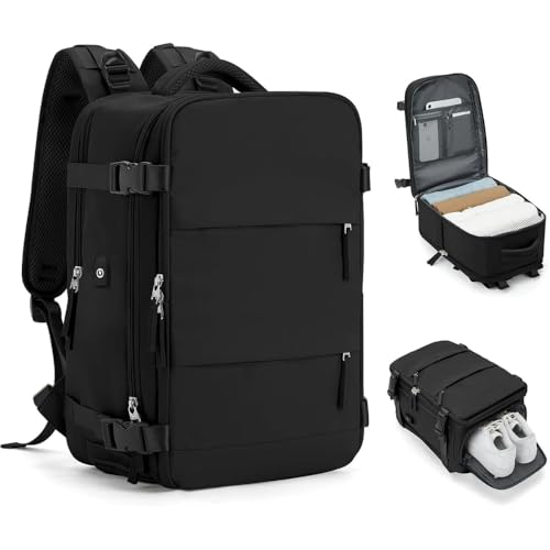 Mochila De Viagem Grande Unissex Com Porta USB Compartimento Para Tênis Bolso Para Itens Úmidos Alças Acolchoadas Multiuso Trabalho Academia Fim De Semana (PRETO)