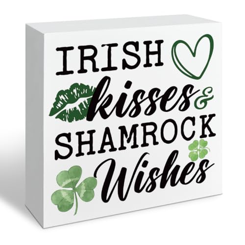 St Patrick's Day Decor Wooden Sign, 'Irish Kisses Shamrock Wishes' Lips & Clover Design, Rustic Farmhouse Table Top Block for Kitchen, Bathroom, Office Desk, Gift