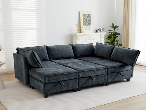 Image of ORRD Sleeper Modular Sectional Sofa Set, Convertible Couch Bed with Storage, 6 Seater and 3 Armrestes Sofa Modular for Living Room, Office (Blue Grey)