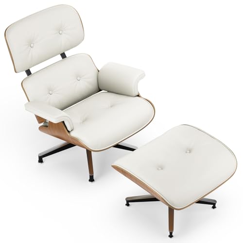 Image of Top White Grain Leather, Mid Century Chaise Lounge Chair and Ottoman, Modern Chair Classic Design, Walnut Wood, Heavy Duty Base Support for Living Room Office
