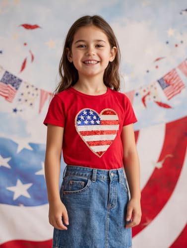 Image of Mrocioa American Heart Flag Girls 4th of July Shirt USA Patriotic Kids Sequin T-Shirt for 2-7 Years
