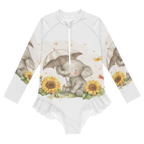 Kawaii Elephant Sunflower Umbrella Girls Long Sleeve Swimsuit Rashguard Swimwear One Piece Bathing Suit 21220223